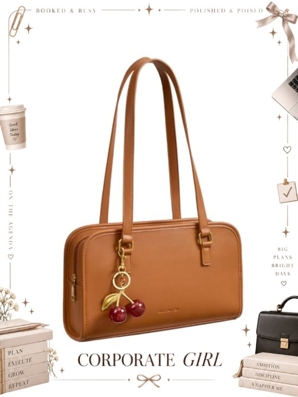 Vegan Leather Shoulder Bag Satchel Zip Purse Cherry Charm